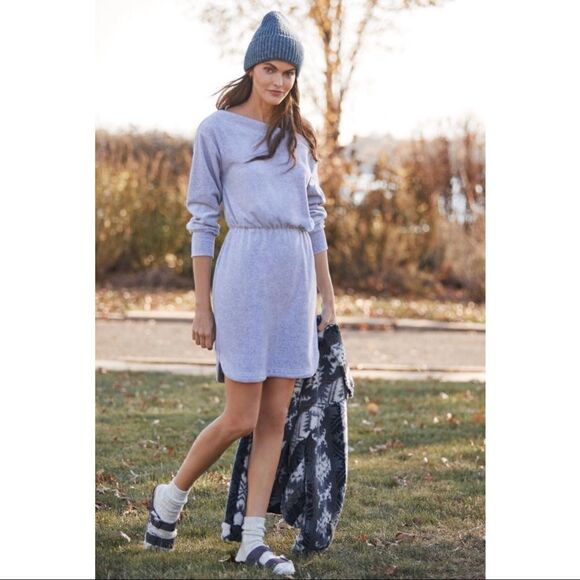 NEW Daily Practice Anthropologie Off-The-Shoulder Gray Velvet Mini Dress Large - Picture 1 of 3